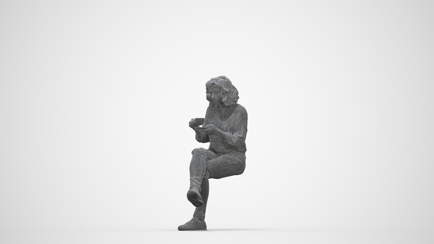 photogrammetry 3D woman casual sitting, realistic human model archviz FBX, wireframe back view