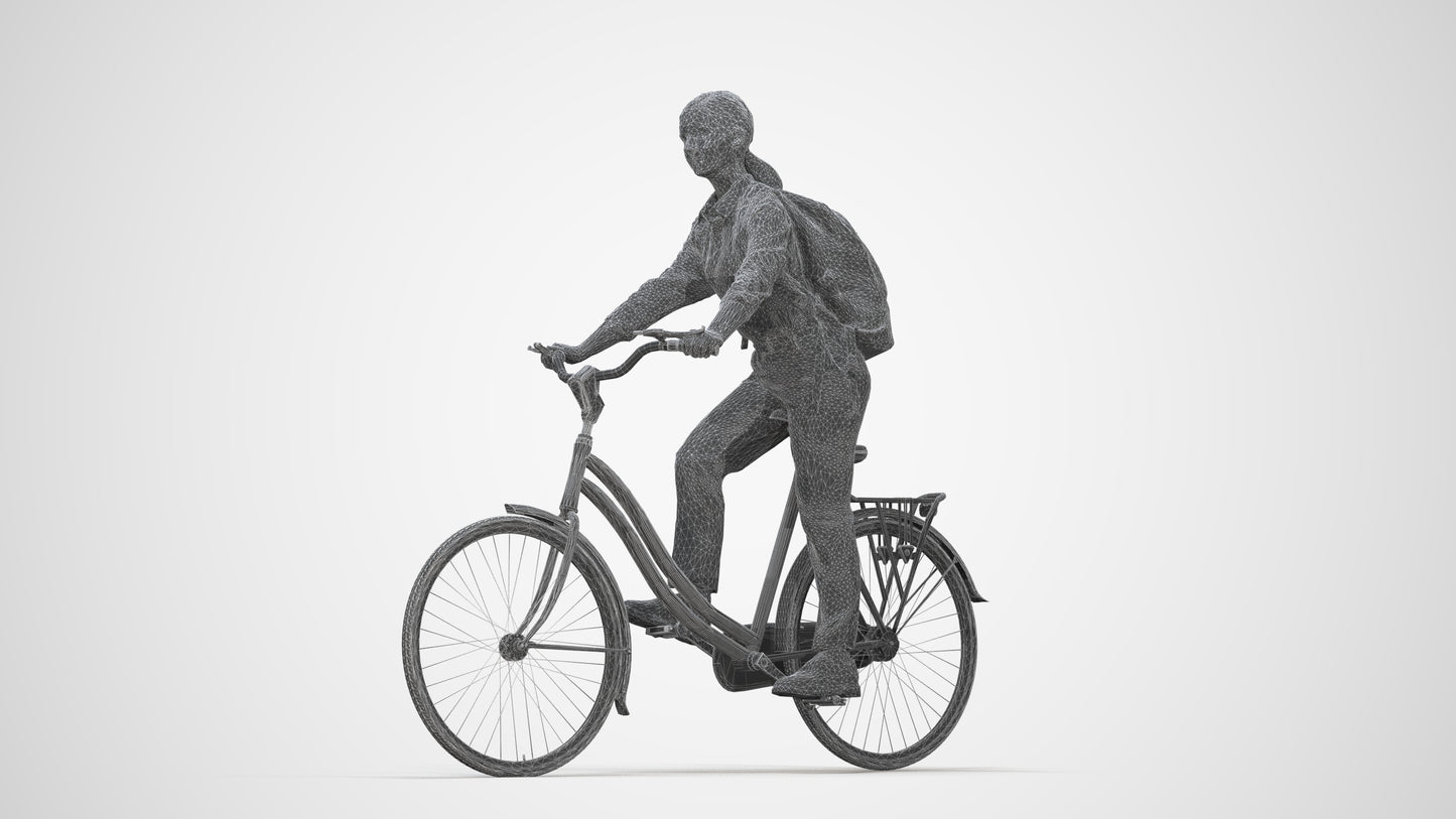 realistic 3D people girl business cycling, render-ready for V-Ray and Corona, FBX OBJ, wireframe back view