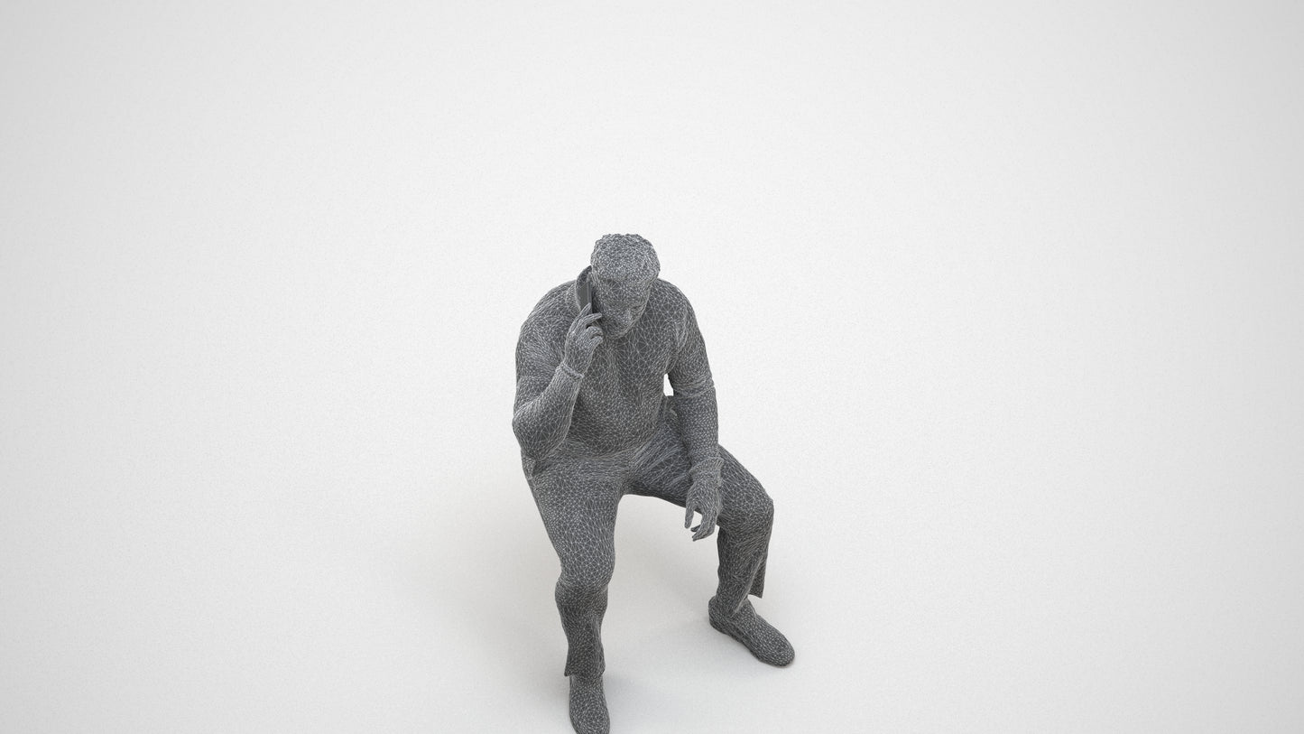 3D human model man casual sitting, photogrammetry scanned person for archviz, wireframe three-quarter view