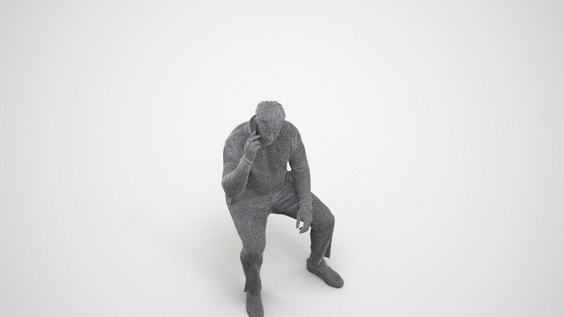 3D human model man casual sitting, photogrammetry scanned person for archviz, wireframe three-quarter view