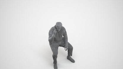 3D human model man casual sitting, photogrammetry scanned person for archviz, wireframe three-quarter view