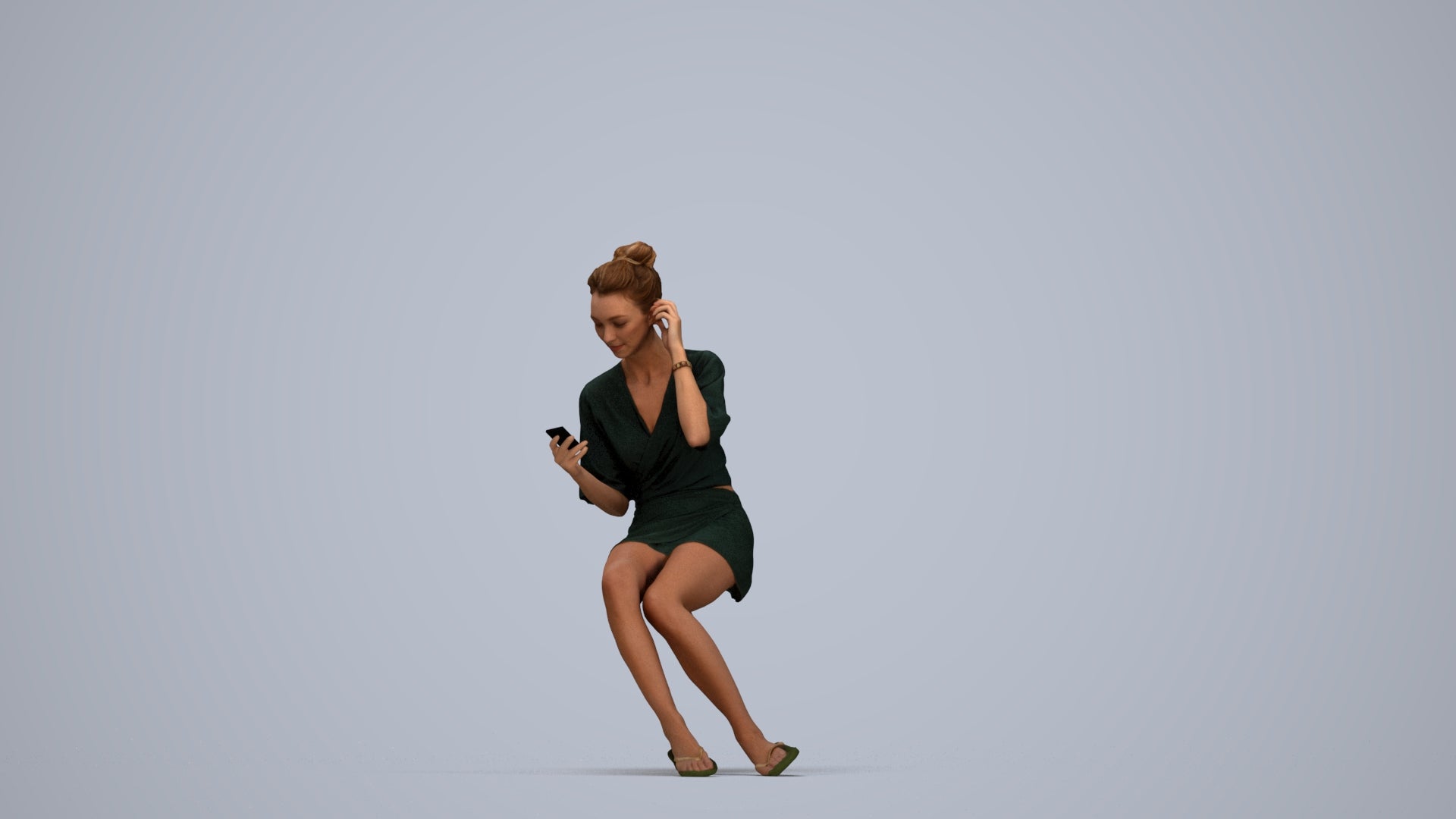 3D human model woman casual sitting, photogrammetry scanned person for archviz, top-down view render