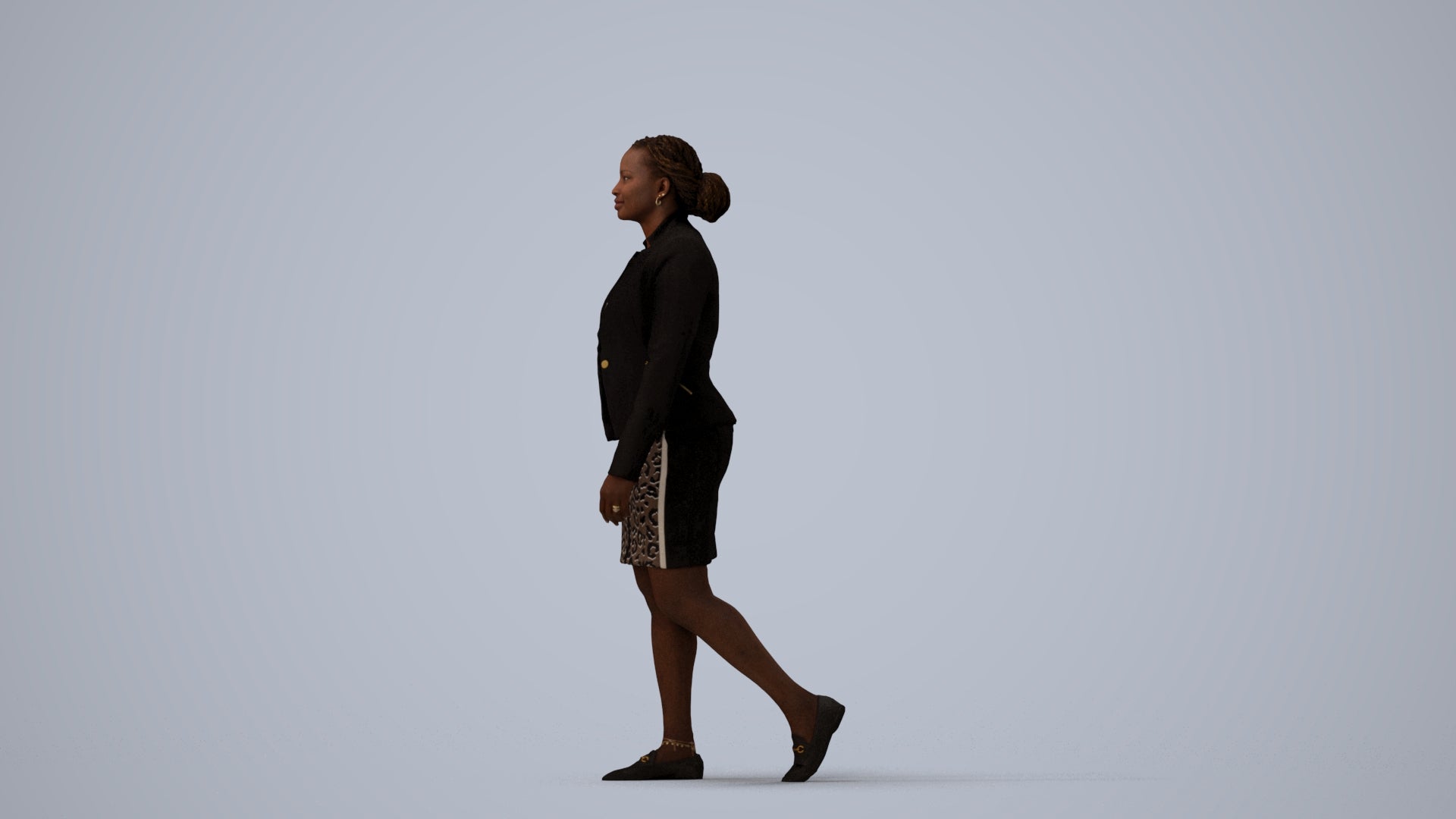 realistic 3D human woman business walking, archviz people FBX OBJ for Blender, three-quarter view render