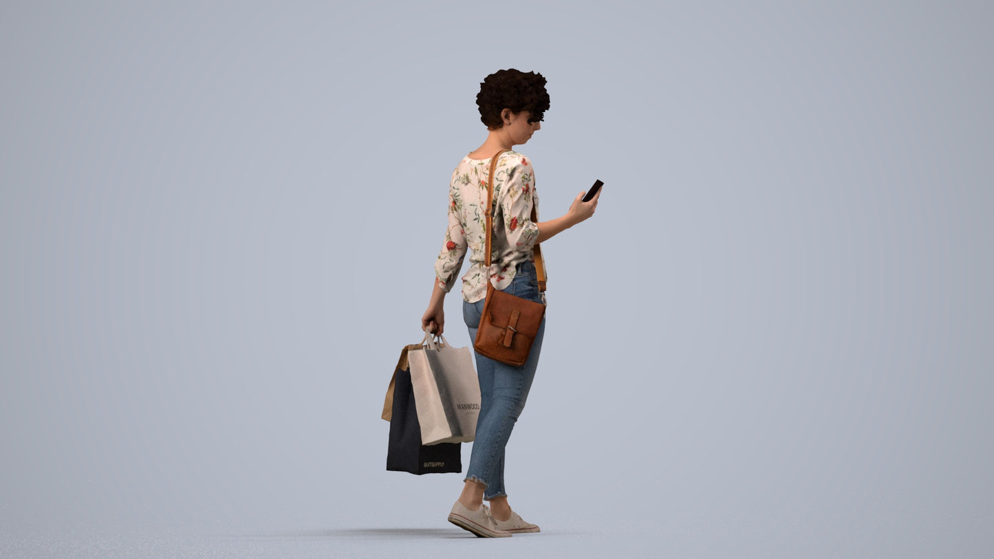 3D human model woman casual standing, photogrammetry scanned person for archviz, side view render