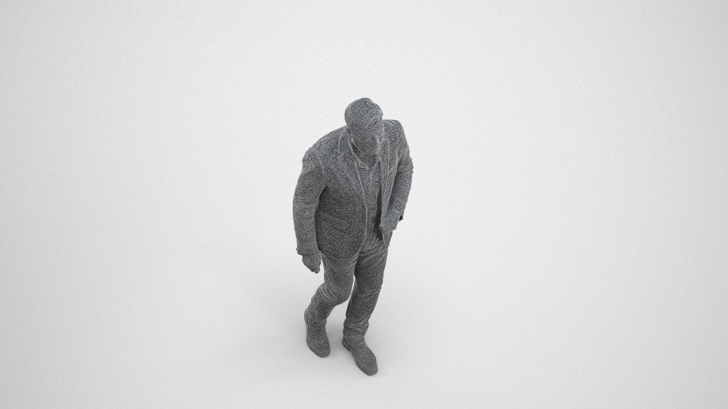 realistic 3D human man business, archviz people FBX OBJ for Blender, wireframe three-quarter view
