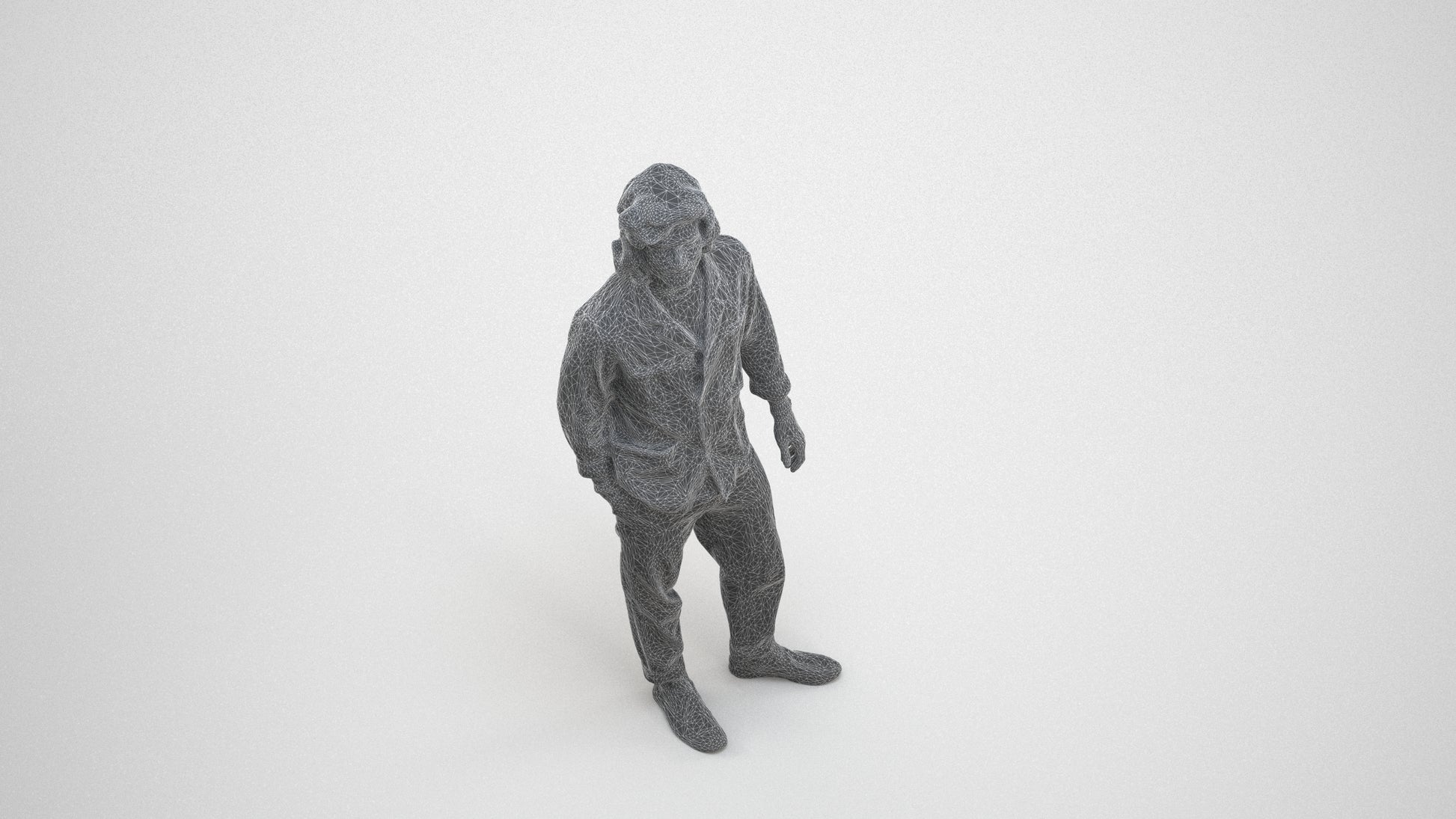 photogrammetry 3D man casual formalaffairs, realistic human model archviz FBX, wireframe three-quarter view