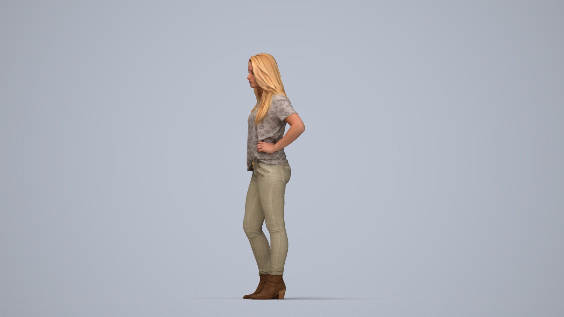 realistic 3D human woman casual standing, archviz people FBX OBJ for Blender, top-down view render