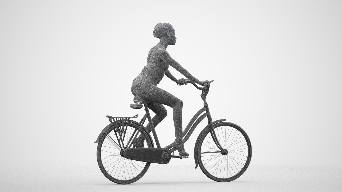 3D scanned woman cycling casual, photorealistic archviz people for Enscape and SketchUp, wireframe side view