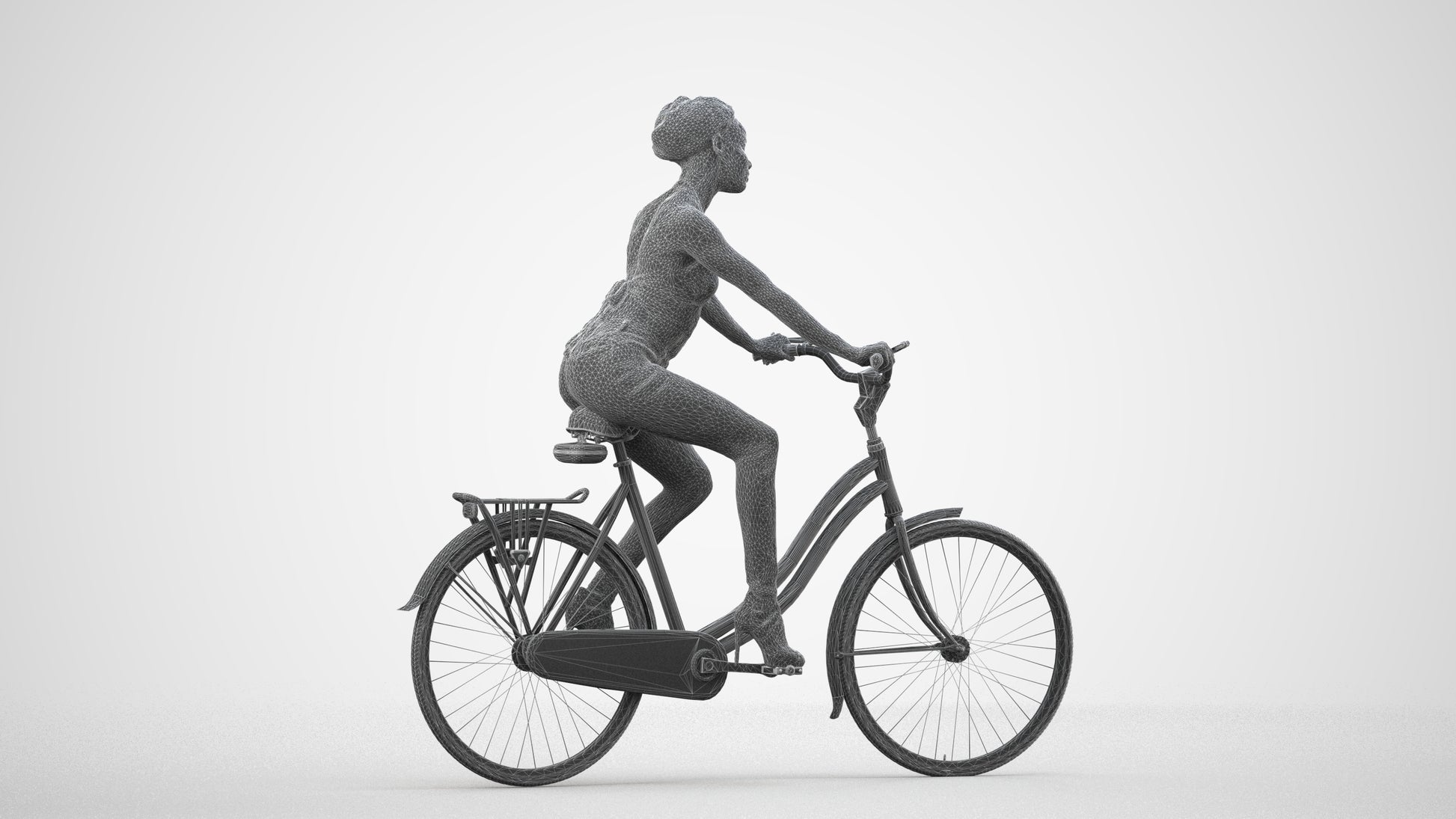 3D scanned woman cycling casual, photorealistic archviz people for Enscape and SketchUp, wireframe side view
