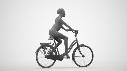 3D scanned woman cycling casual, photorealistic archviz people for Enscape and SketchUp, wireframe side view