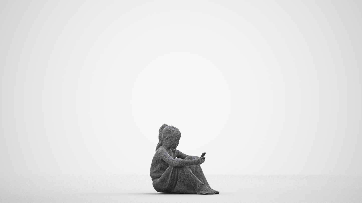 3D human model girl casual kids, photogrammetry scanned person for archviz, wireframe side view