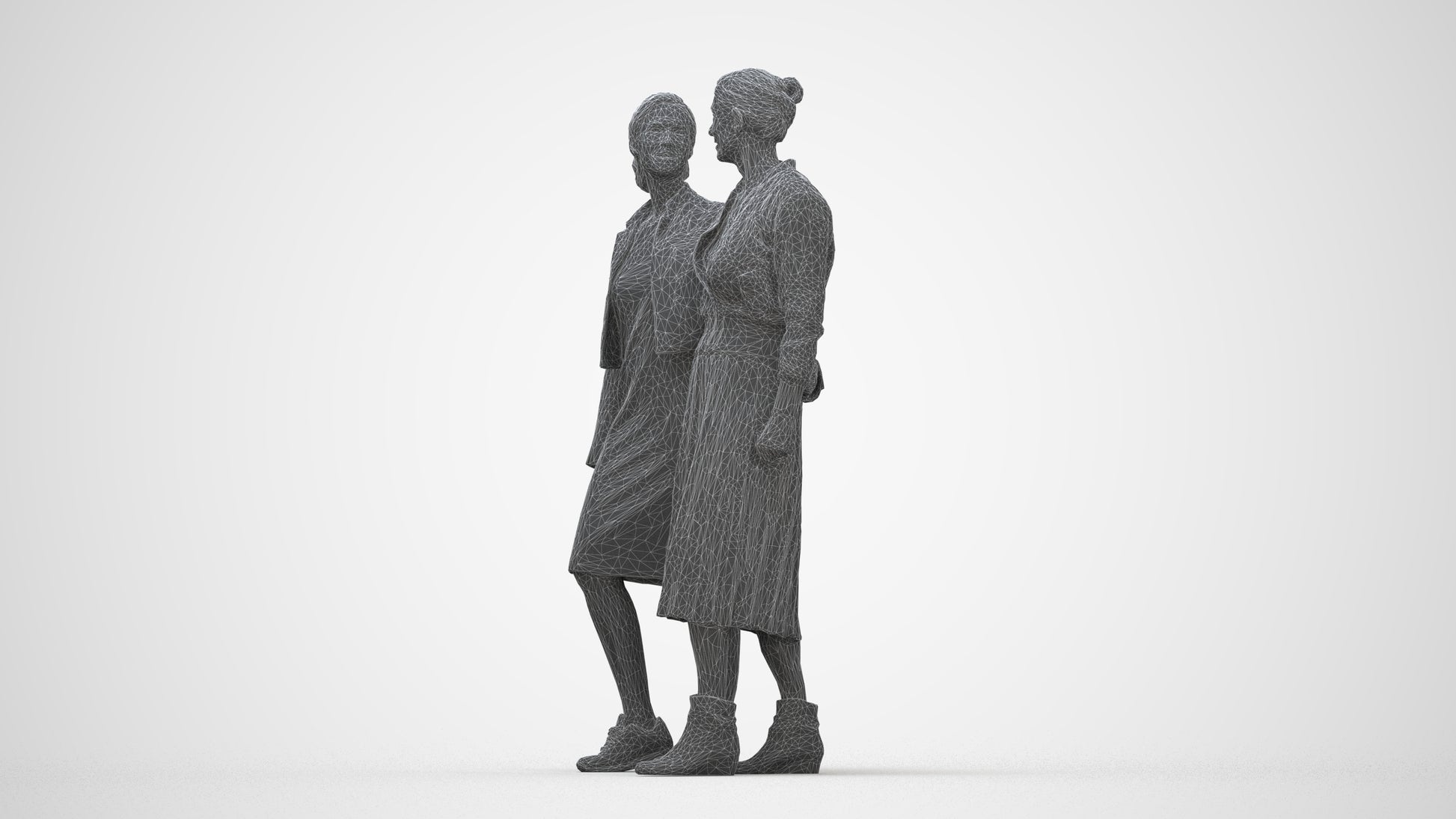 3D human model senior woman casual kids, photogrammetry scanned person for archviz, wireframe back view