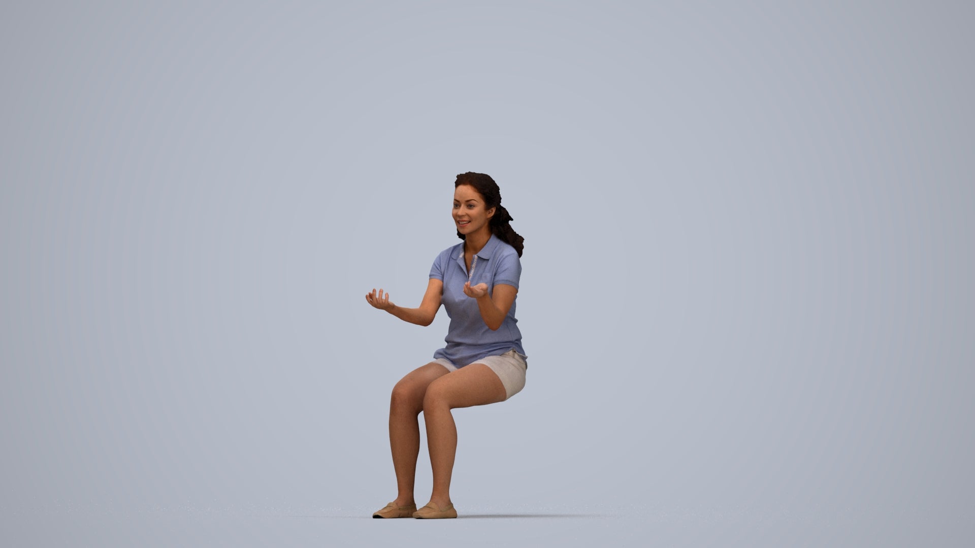 3D human model woman casual sitting, photogrammetry scanned person for archviz, top-down view render