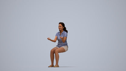 3D human model woman casual sitting, photogrammetry scanned person for archviz, top-down view render