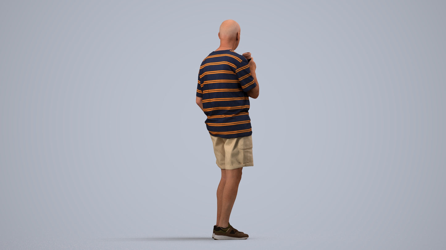 3D human model senior man casual standing, photogrammetry scanned person for archviz, side view render