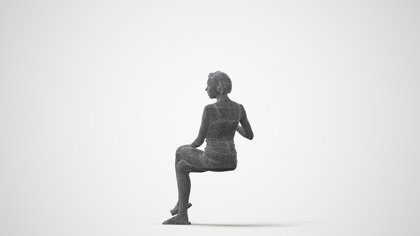 3D human model woman casual sitting, photogrammetry scanned person for archviz, square thumbnail
