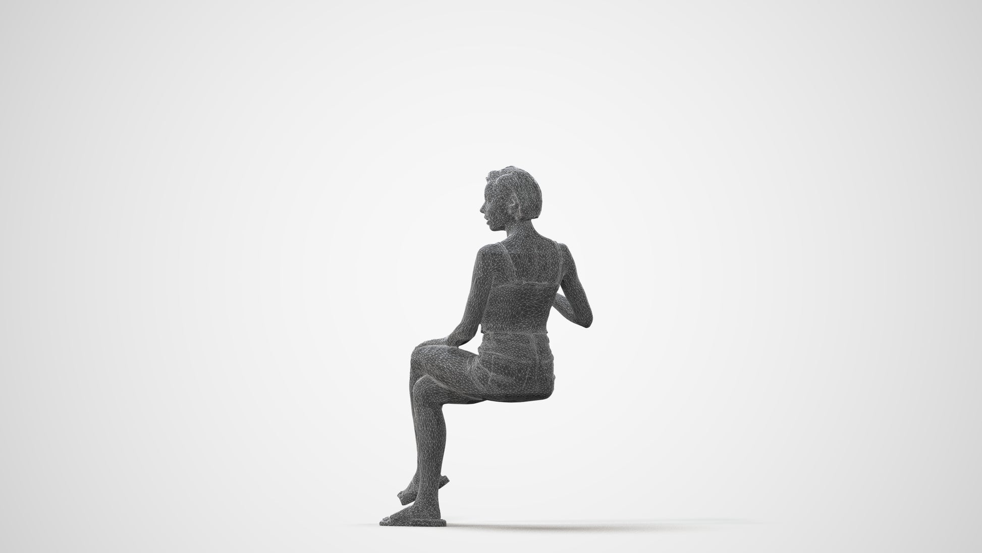 3D human model woman casual sitting, photogrammetry scanned person for archviz, square thumbnail
