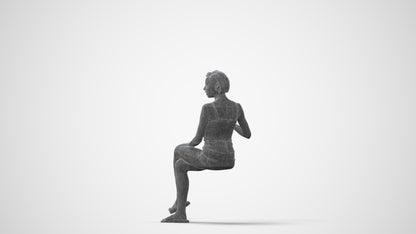 3D human model woman casual sitting, photogrammetry scanned person for archviz, square thumbnail