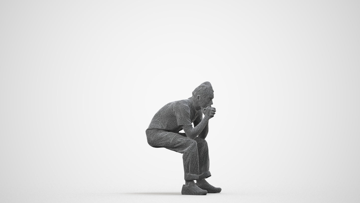 realistic 3D man casual sitting, scanned archviz people for Blender and 3ds Max, wireframe side view
