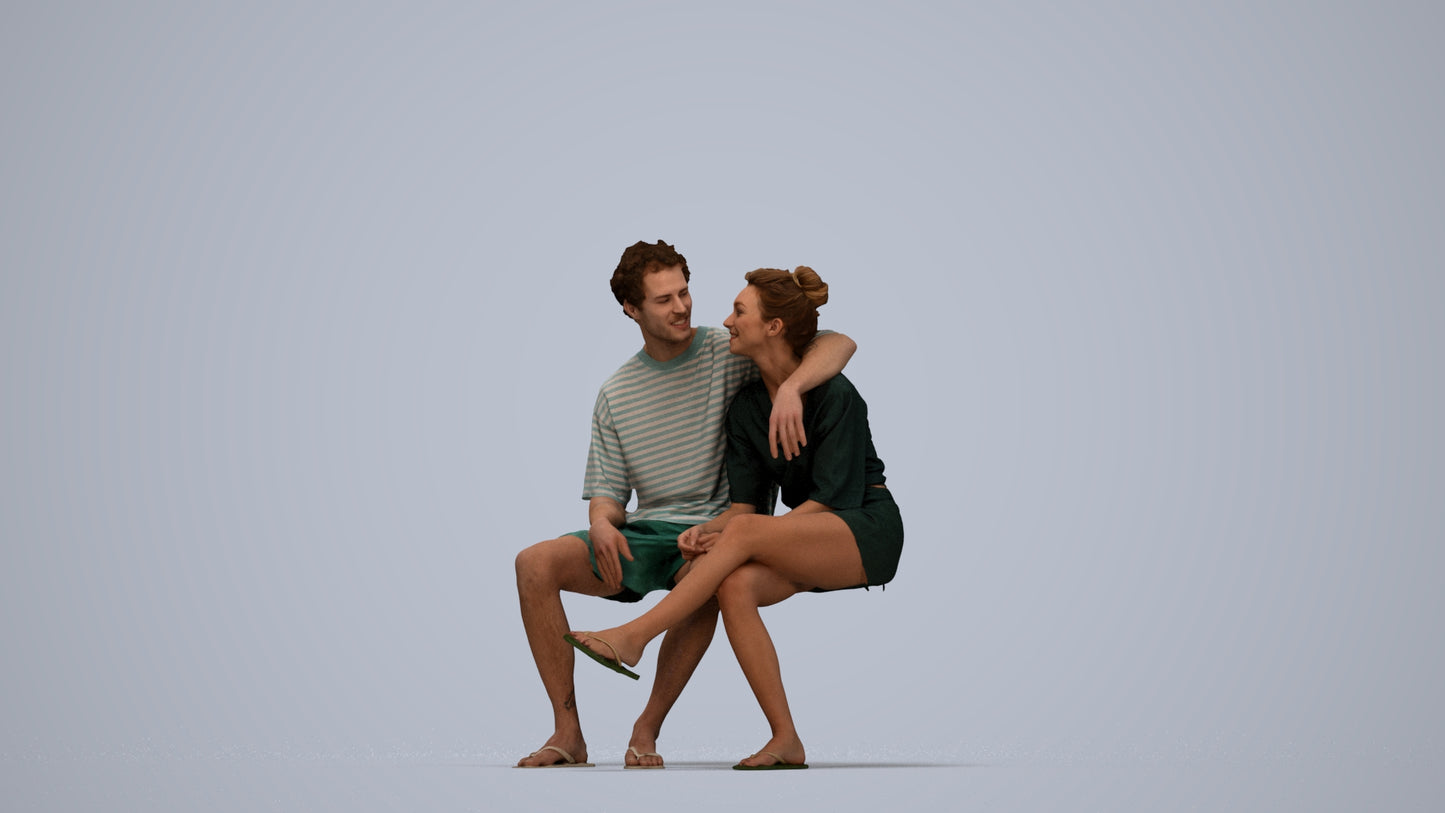 3D human model woman casual couple, photogrammetry scanned person for archviz, top-down view render