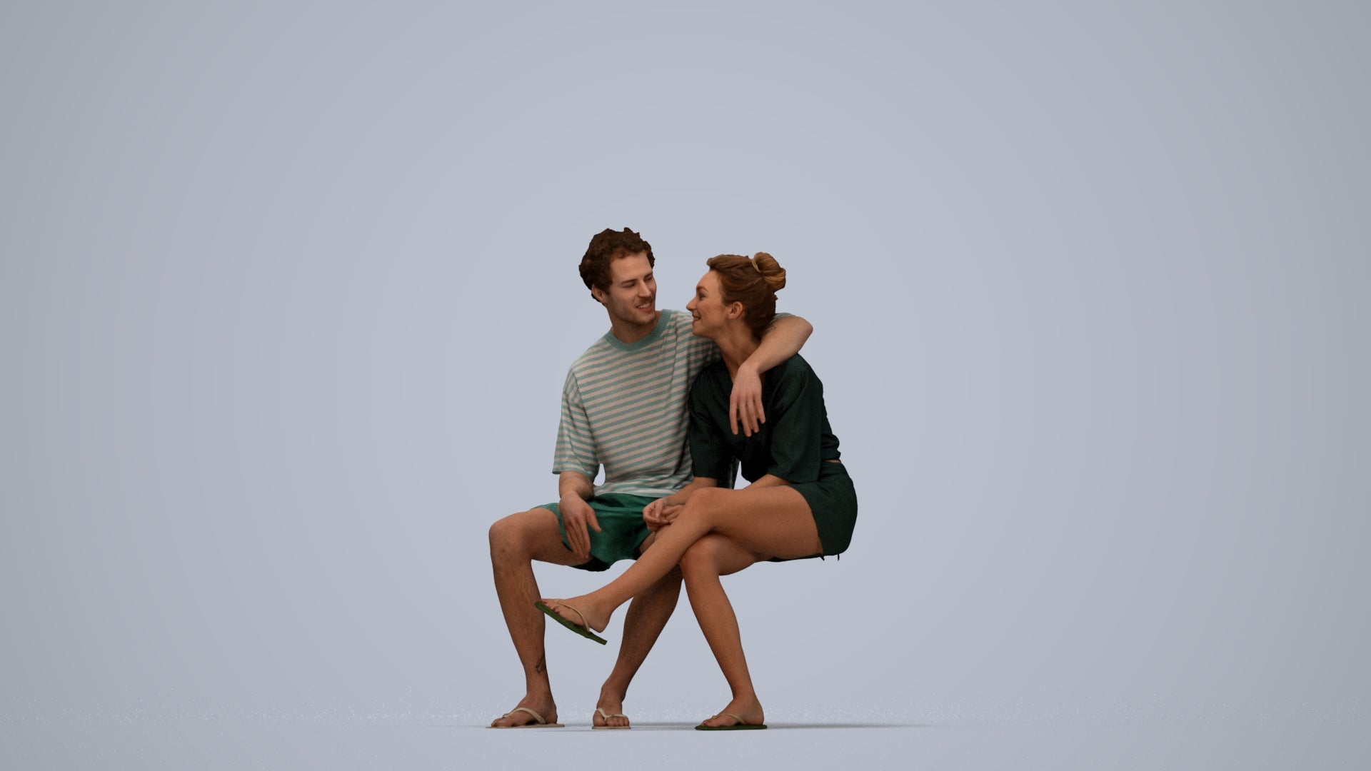 3D human model woman casual couple, photogrammetry scanned person for archviz, top-down view render