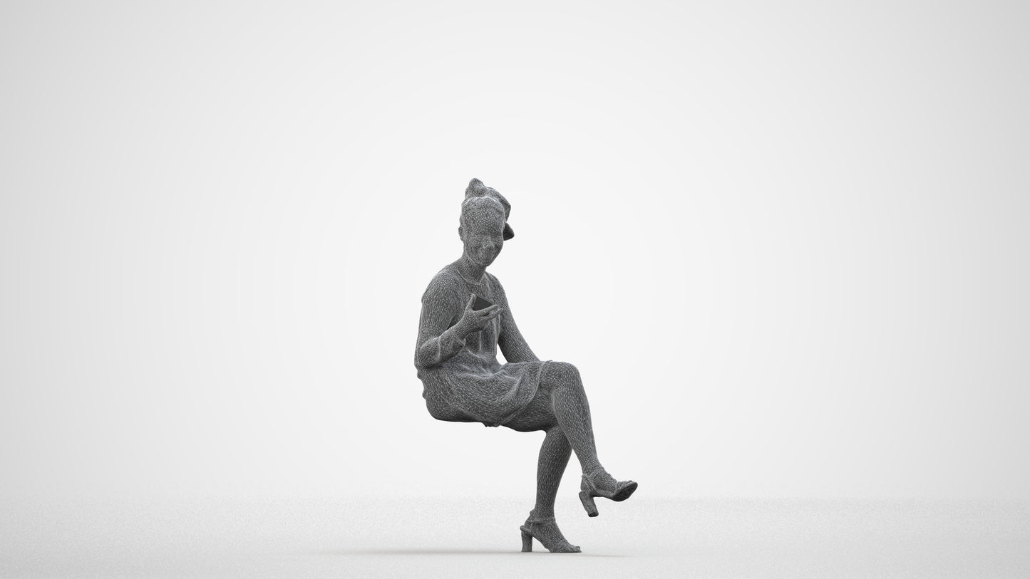 3D scanned woman sitting casual, photorealistic archviz people for Enscape and SketchUp, wireframe side view