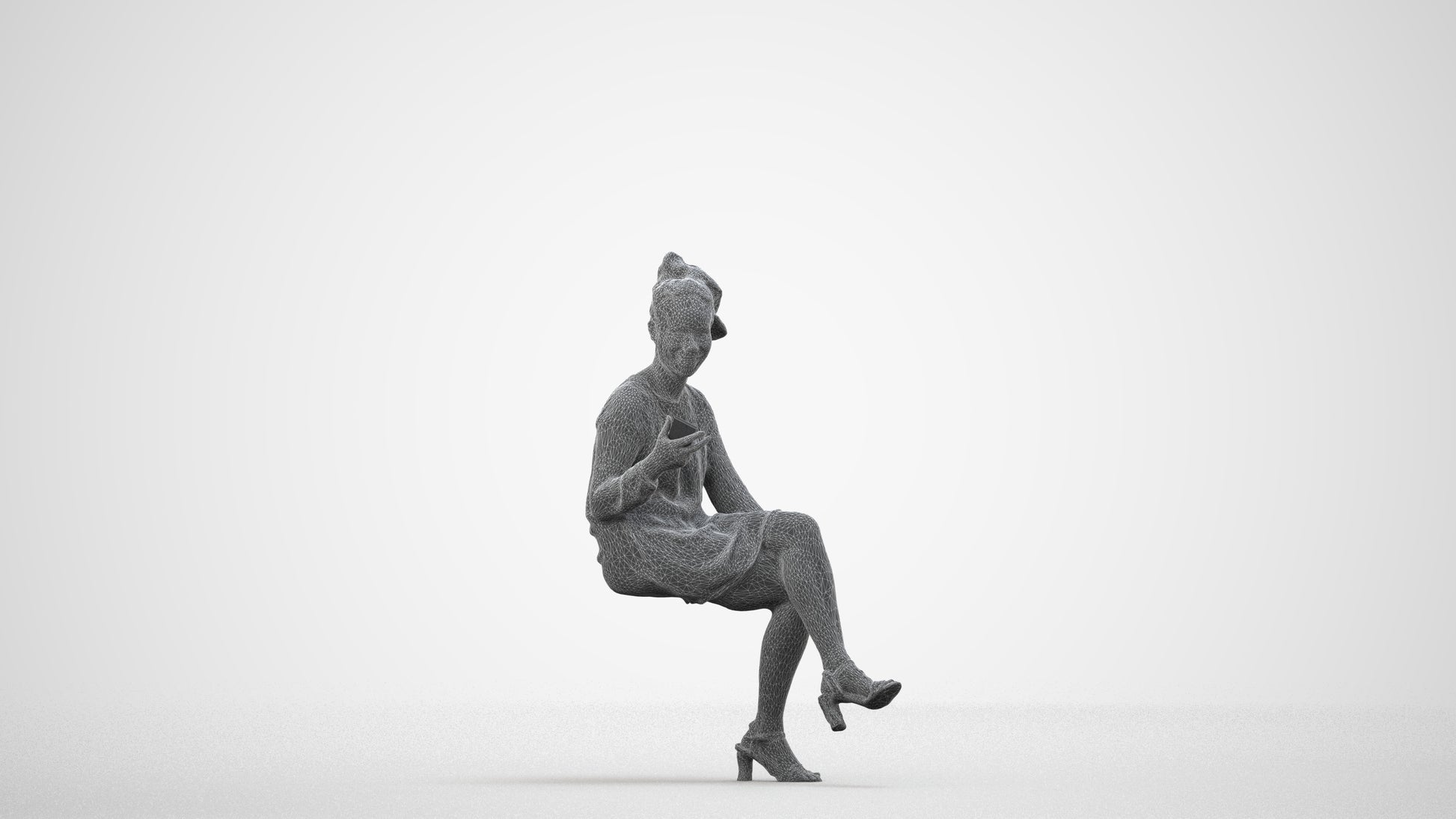 3D scanned woman sitting casual, photorealistic archviz people for Enscape and SketchUp, wireframe side view