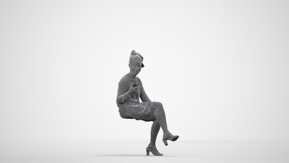 3D scanned woman sitting casual, photorealistic archviz people for Enscape and SketchUp, wireframe side view
