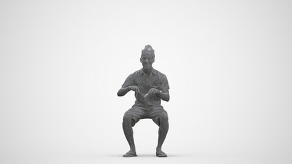 scanned 3D man casual sitting, photogrammetry people for Enscape and V-Ray, three-quarter front view render