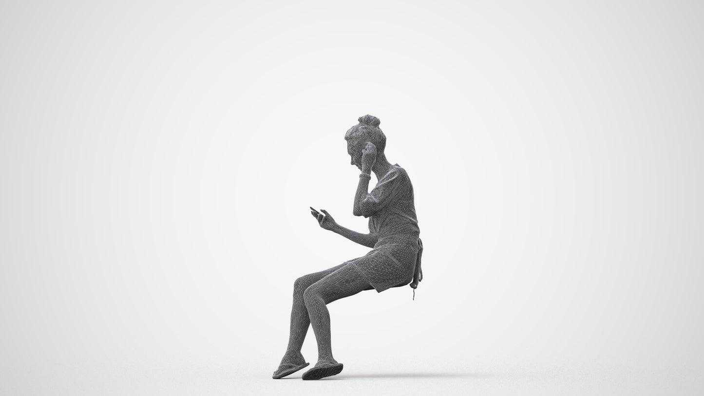 3D human model woman casual sitting, photogrammetry scanned person for archviz, square thumbnail
