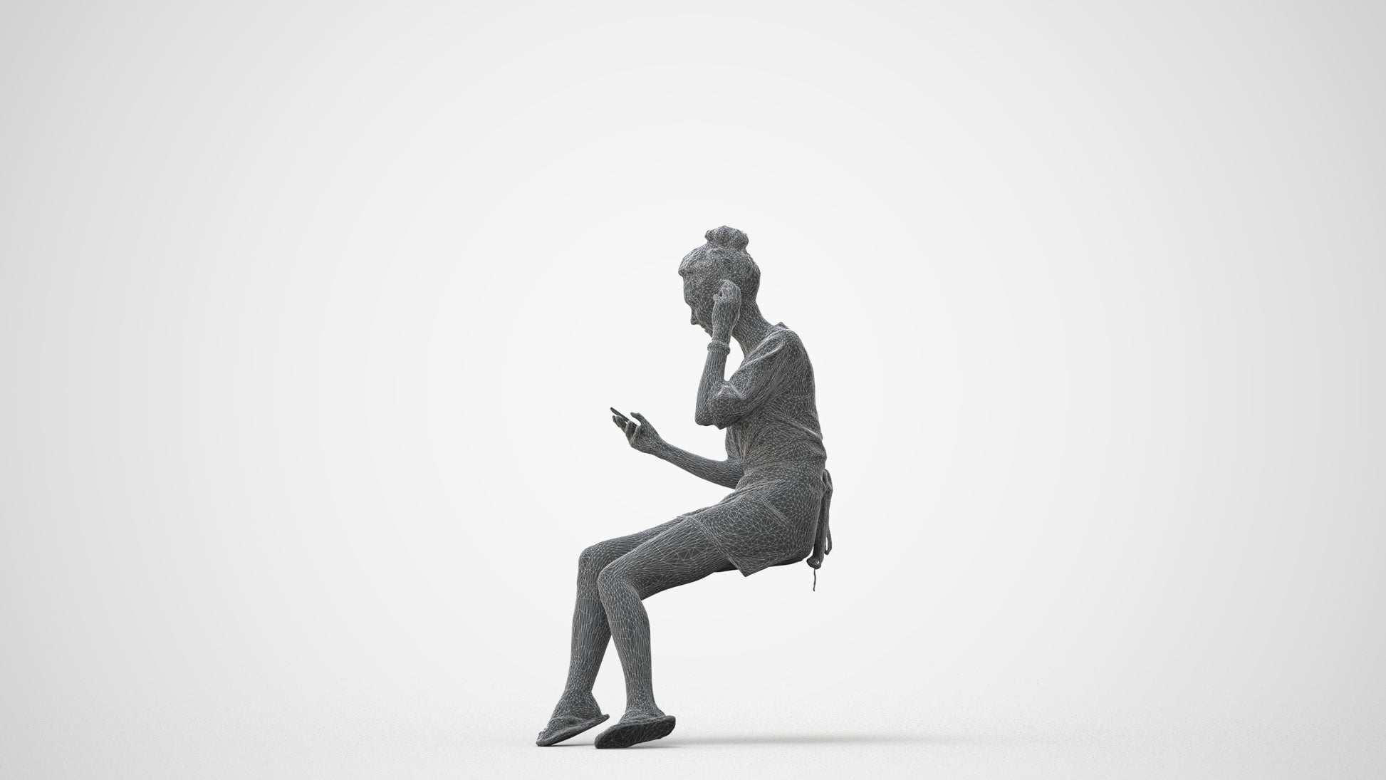 3D human model woman casual sitting, photogrammetry scanned person for archviz, square thumbnail