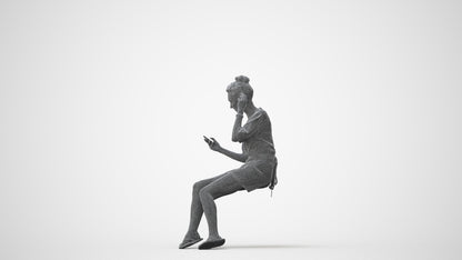 3D human model woman casual sitting, photogrammetry scanned person for archviz, square thumbnail