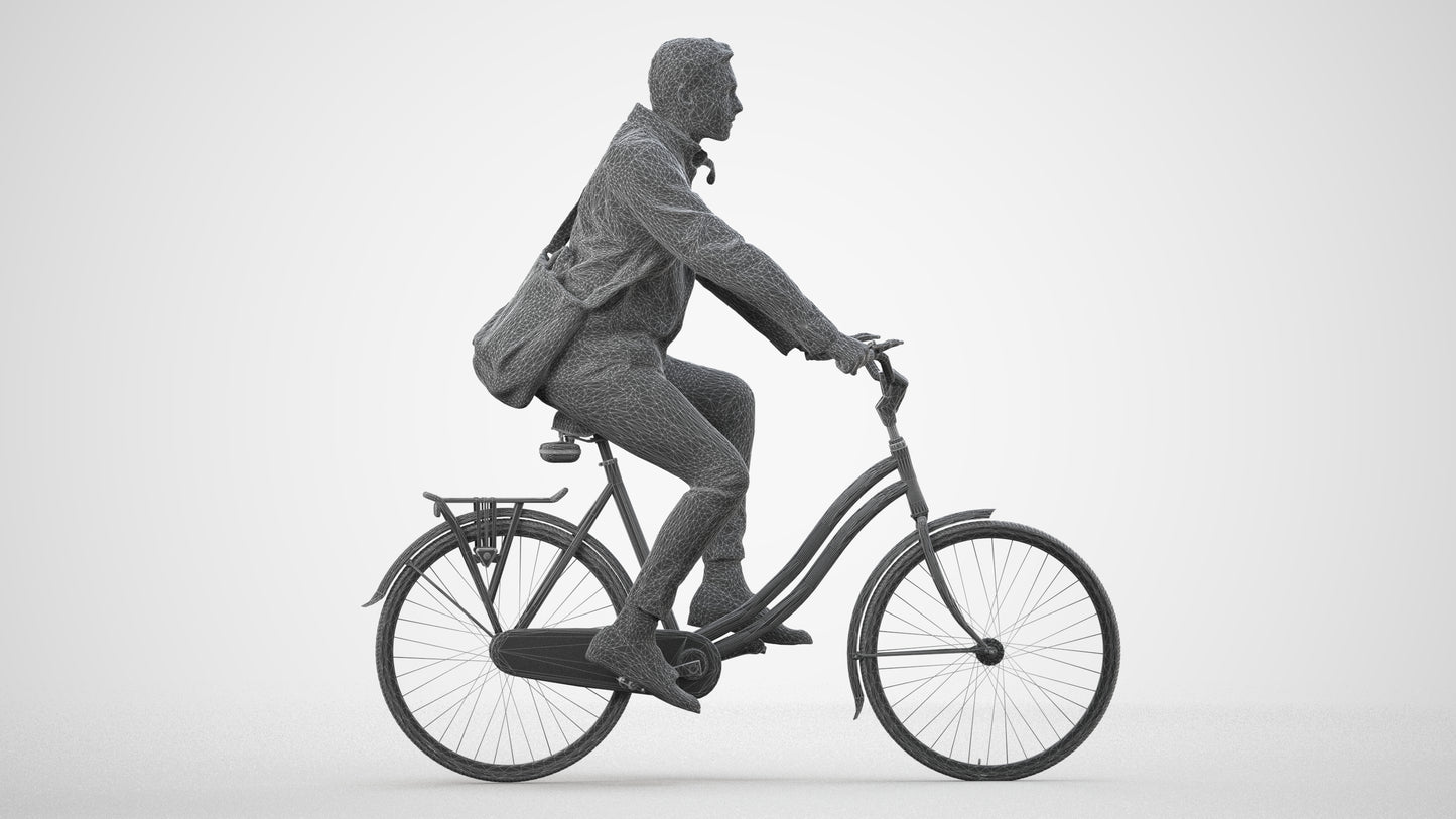 realistic 3D man casual cycling, scanned archviz people for Blender and 3ds Max, wireframe side view