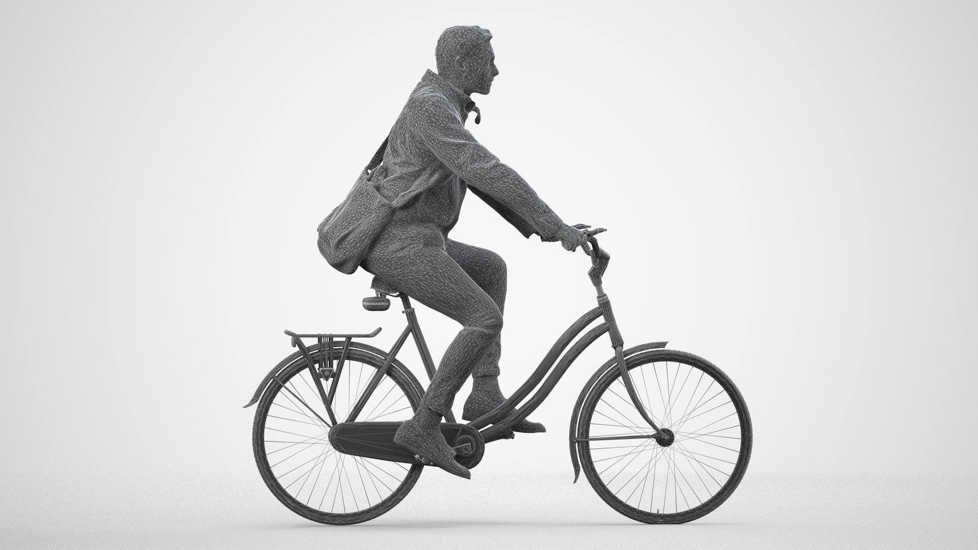 realistic 3D man casual cycling, scanned archviz people for Blender and 3ds Max, wireframe side view