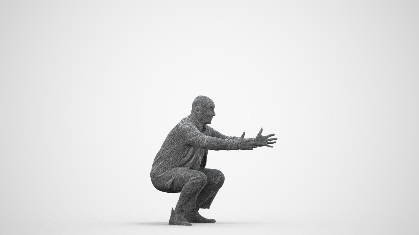 3D scanned senior man standing casual, photorealistic archviz people for Enscape and SketchUp, wireframe side view