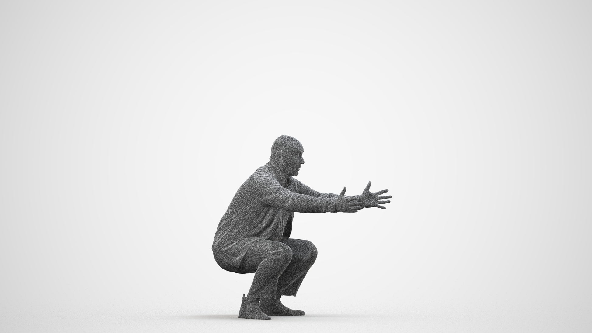 3D scanned senior man standing casual, photorealistic archviz people for Enscape and SketchUp, wireframe side view