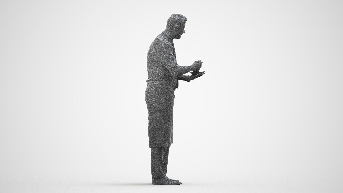 photogrammetry 3D man hospitality, realistic human model archviz FBX, wireframe side view