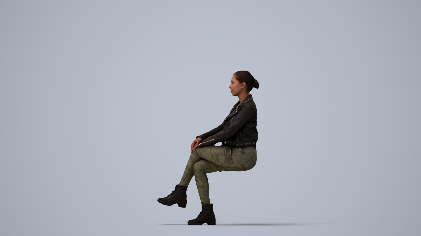 3D people model woman casual sitting, scanned human for 3ds Max rendering, three-quarter view render