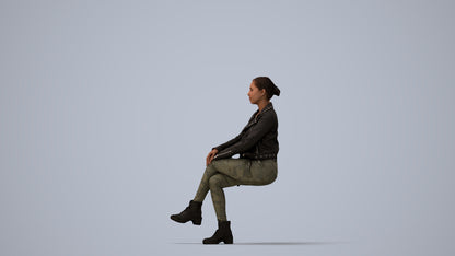 3D people model woman casual sitting, scanned human for 3ds Max rendering, three-quarter view render