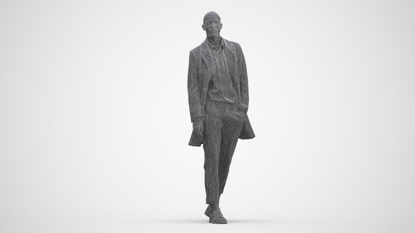 photogrammetry 3D man business walking, realistic human model archviz FBX, three-quarter front view render