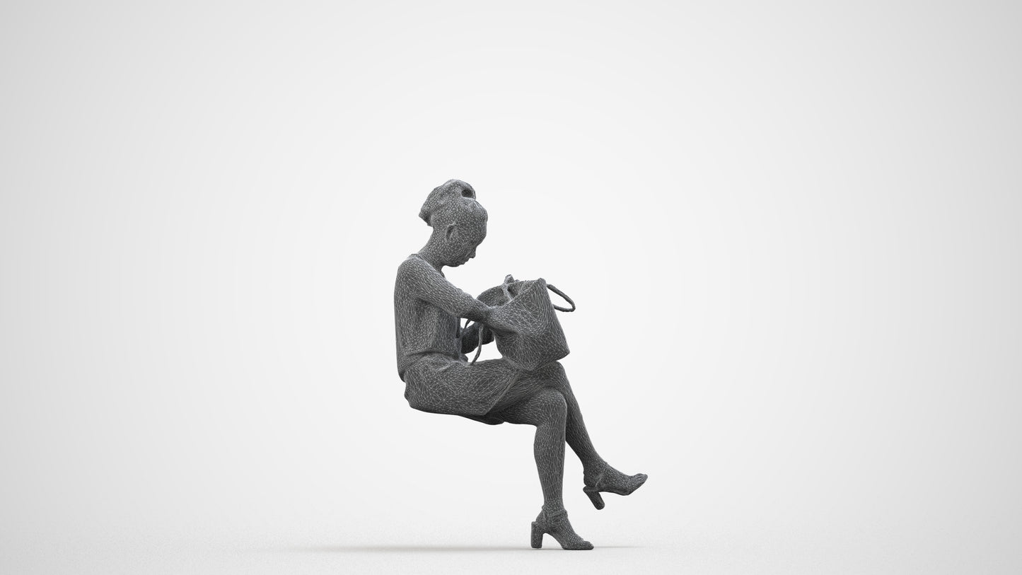 3D people model woman casual sitting, scanned human for 3ds Max rendering, wireframe side view
