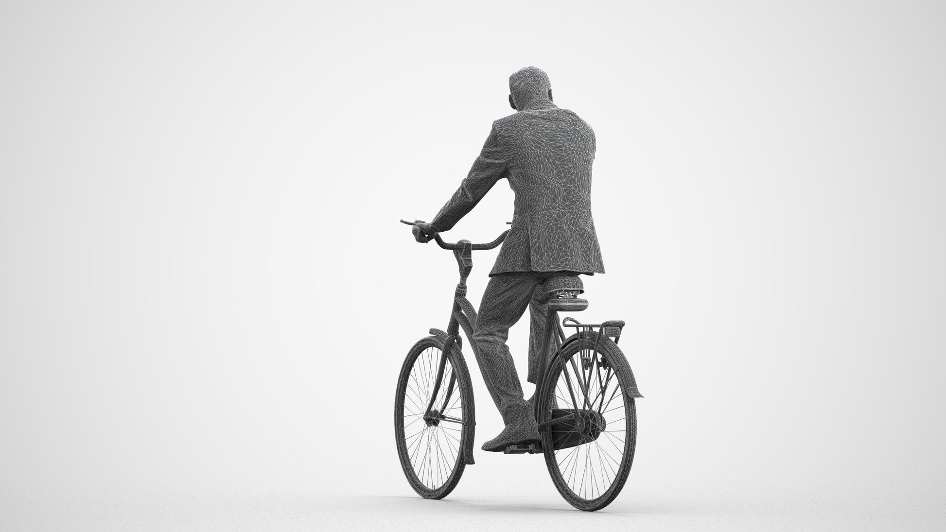 3D people model man business cycling, scanned human for 3ds Max rendering, wireframe front view