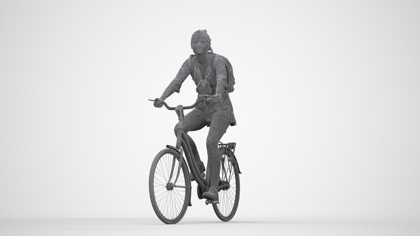 photogrammetry 3D girl casual cycling, realistic human model archviz FBX, wireframe back view