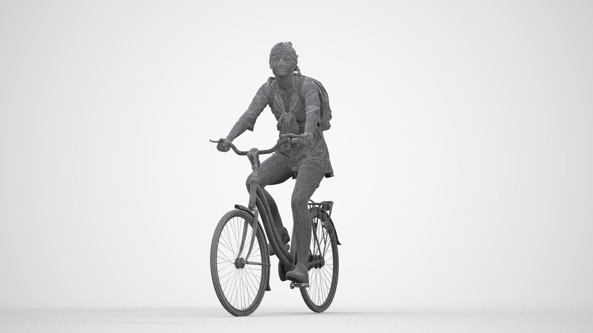 photogrammetry 3D girl casual cycling, realistic human model archviz FBX, wireframe back view
