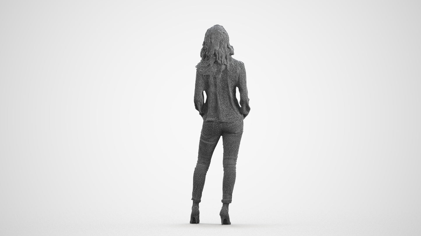 realistic 3D people woman casual standing, render-ready for V-Ray and Corona, FBX OBJ, wireframe front view