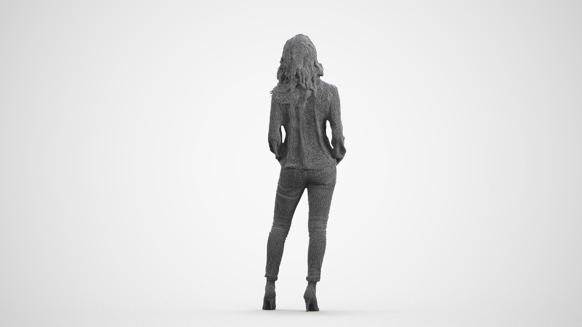 realistic 3D people woman casual standing, render-ready for V-Ray and Corona, FBX OBJ, wireframe front view