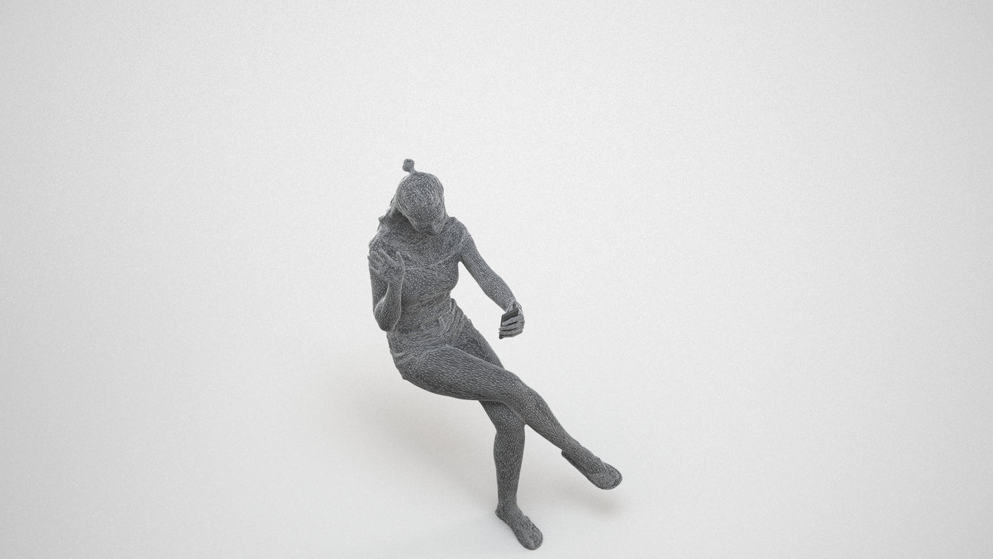 realistic 3D human girl casual sitting, archviz people FBX OBJ for Blender, wireframe three-quarter view