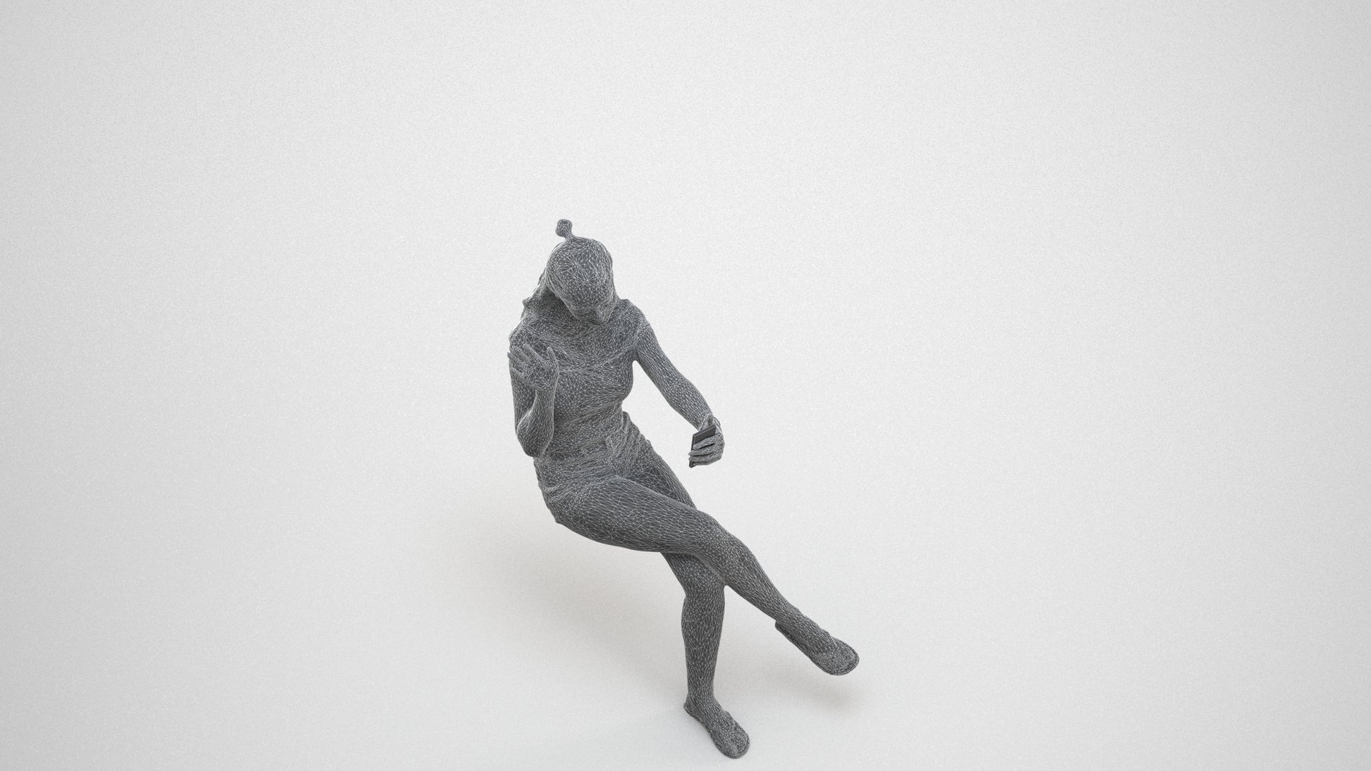realistic 3D human girl casual sitting, archviz people FBX OBJ for Blender, wireframe three-quarter view