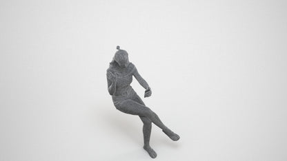 realistic 3D human girl casual sitting, archviz people FBX OBJ for Blender, wireframe three-quarter view
