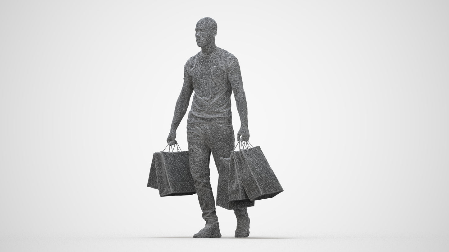 photogrammetry 3D man casual shopping, realistic human model archviz FBX, wireframe back view